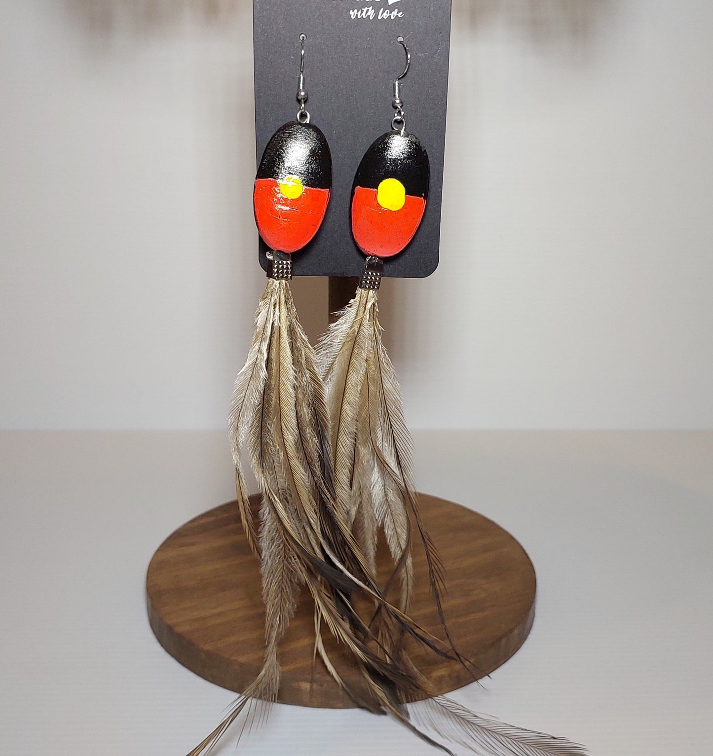 Aboriginal Flag Emu Feather Earrings
