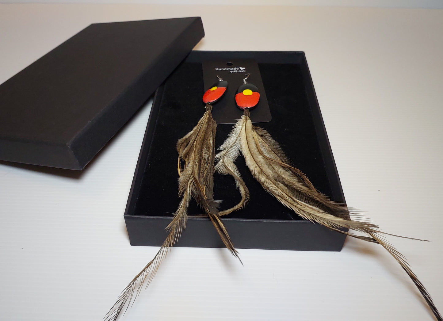 Aboriginal Flag Emu Feather Earrings
